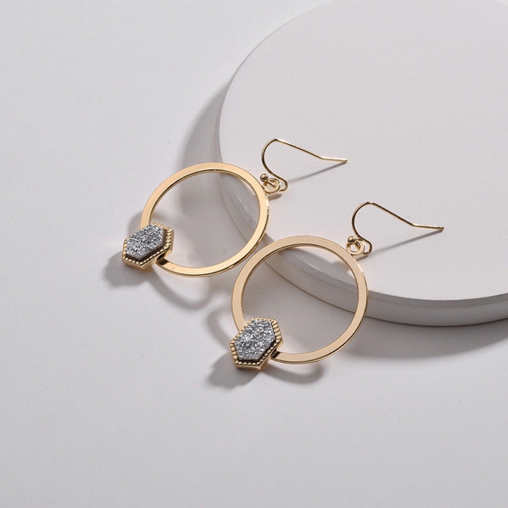 'Spark' Hexagonal Druzy Set Gold Hoop Earrings - Picture 1 of 6